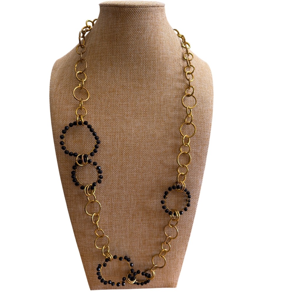 Gold Tone Long Chain Necklace Black Faceted Bead Geometric Circle Links Layering